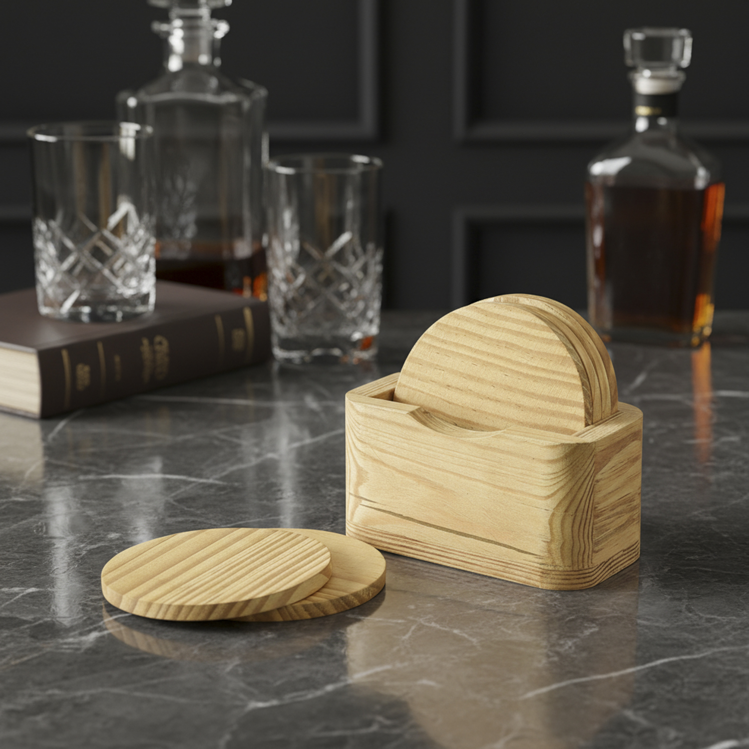 ELLEHOME Wooden Coasters Set of 6 with Box | Natural Pine Wood Coasters