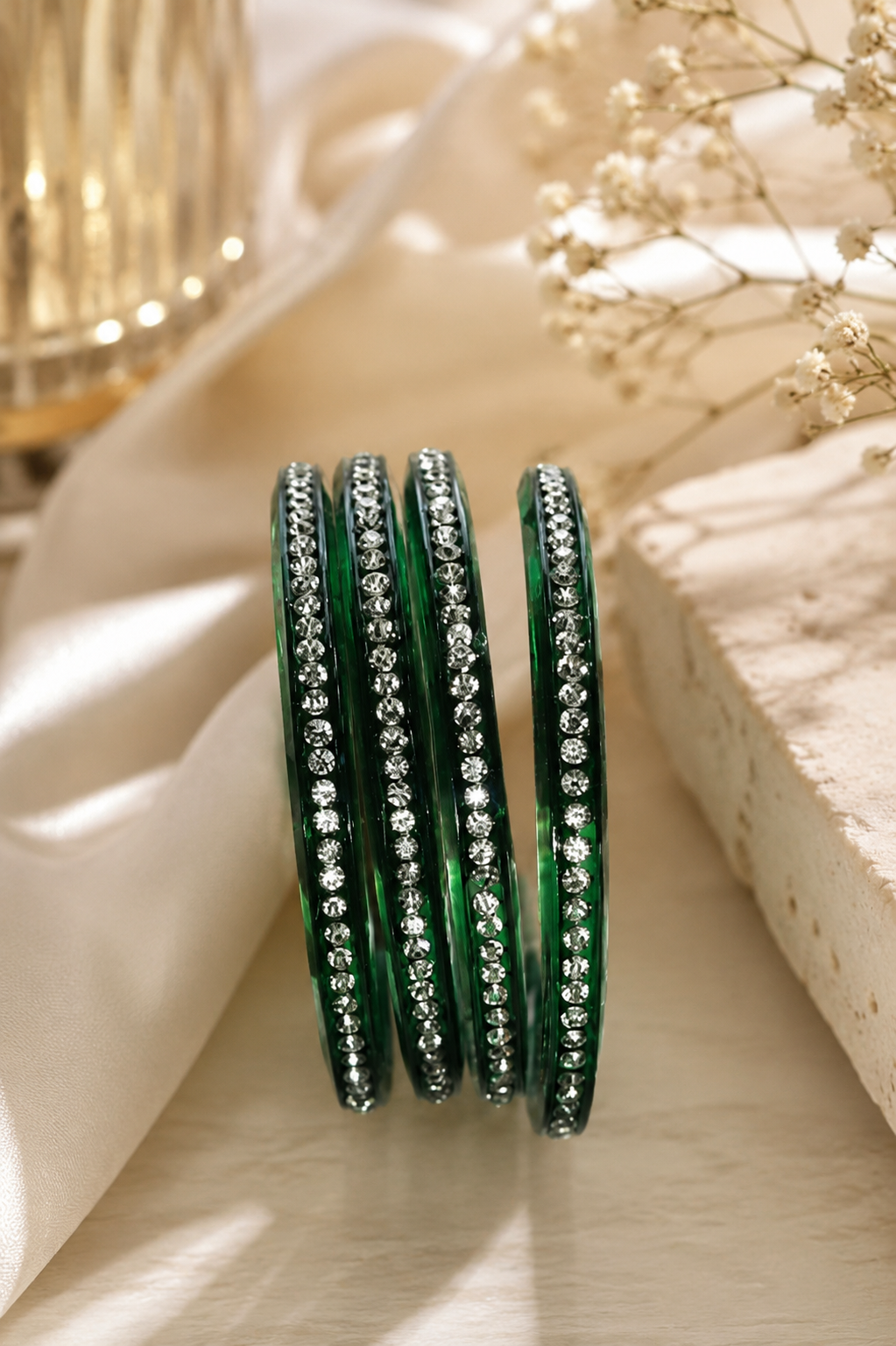Emerald Green Crystal Studded Bangles Set for Women