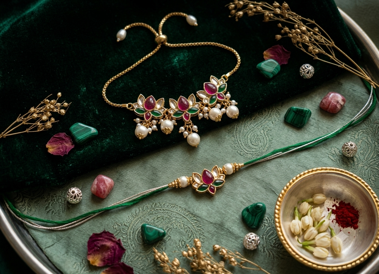 Emerald Rakhi & Bracelet Lumba Set