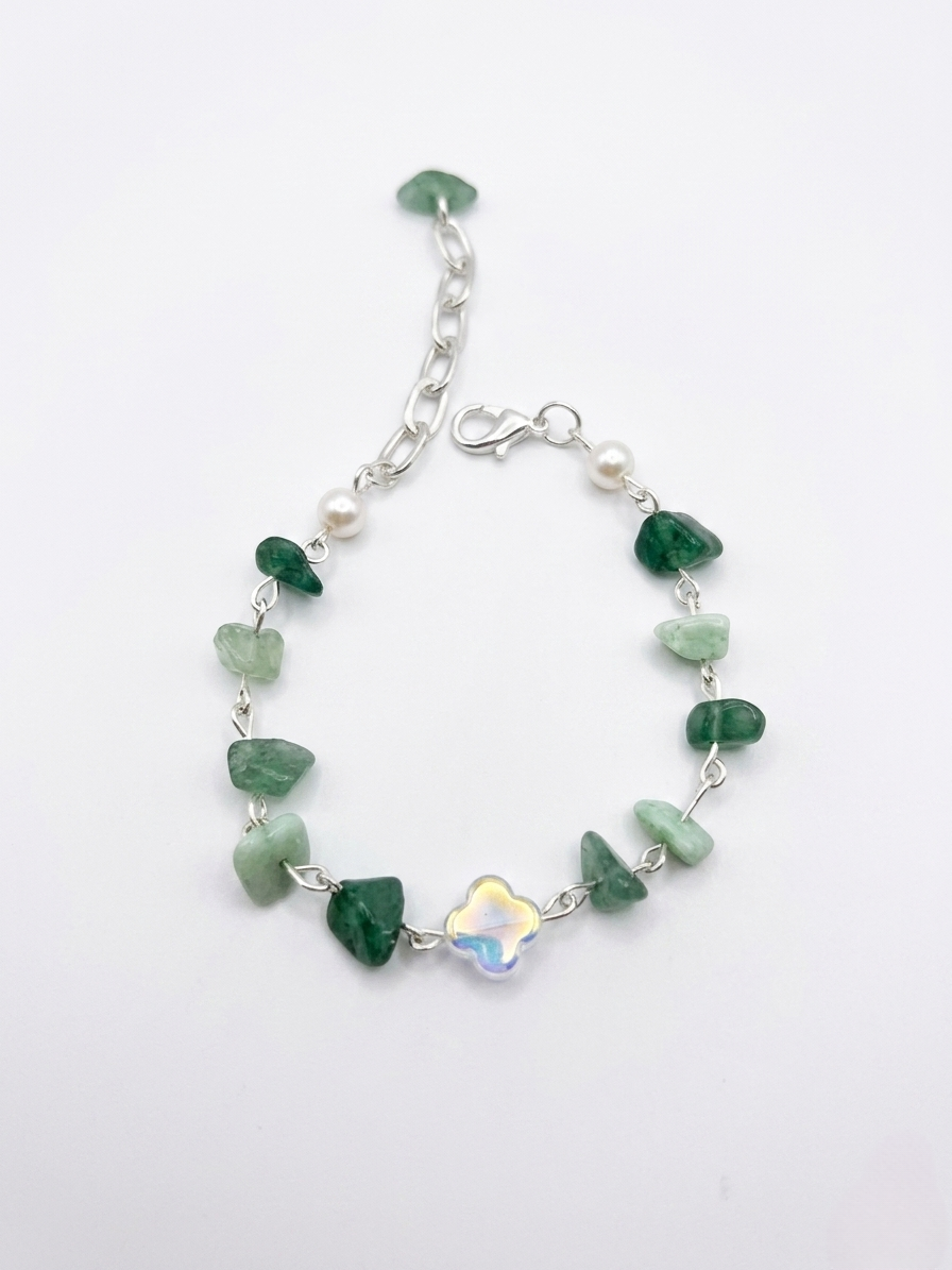 Ethereal Sage: Handmade Green Crystal & Opal Clover Bracelet 🍀✨