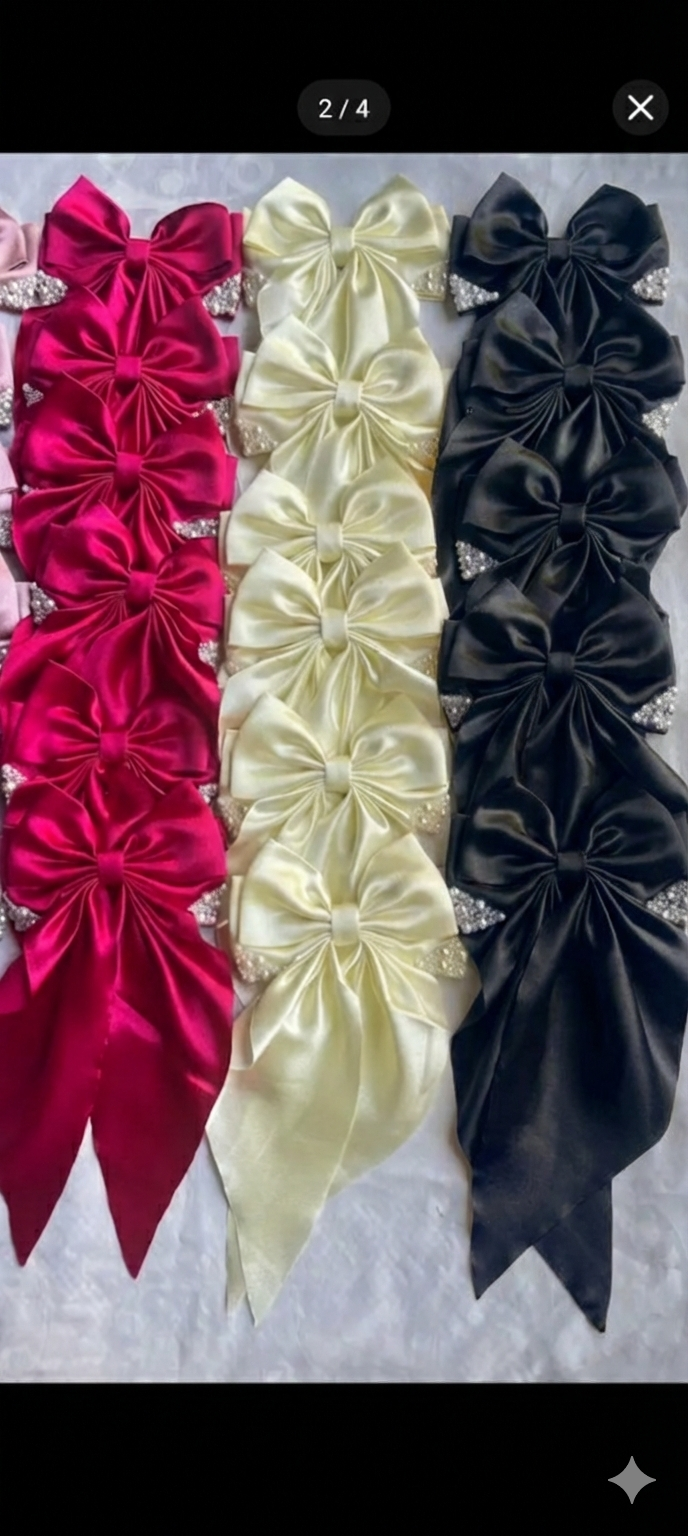 Satin Long Tail Hair Bows – Pack of 3 (White, Black & Pink)