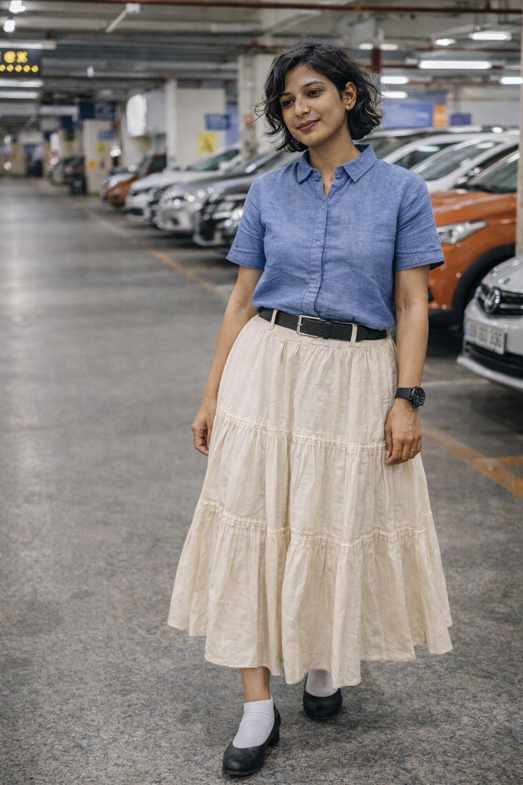 FEMME - Cream Solid Maxi Skirt with slip-on closure, featuring a flared hem.