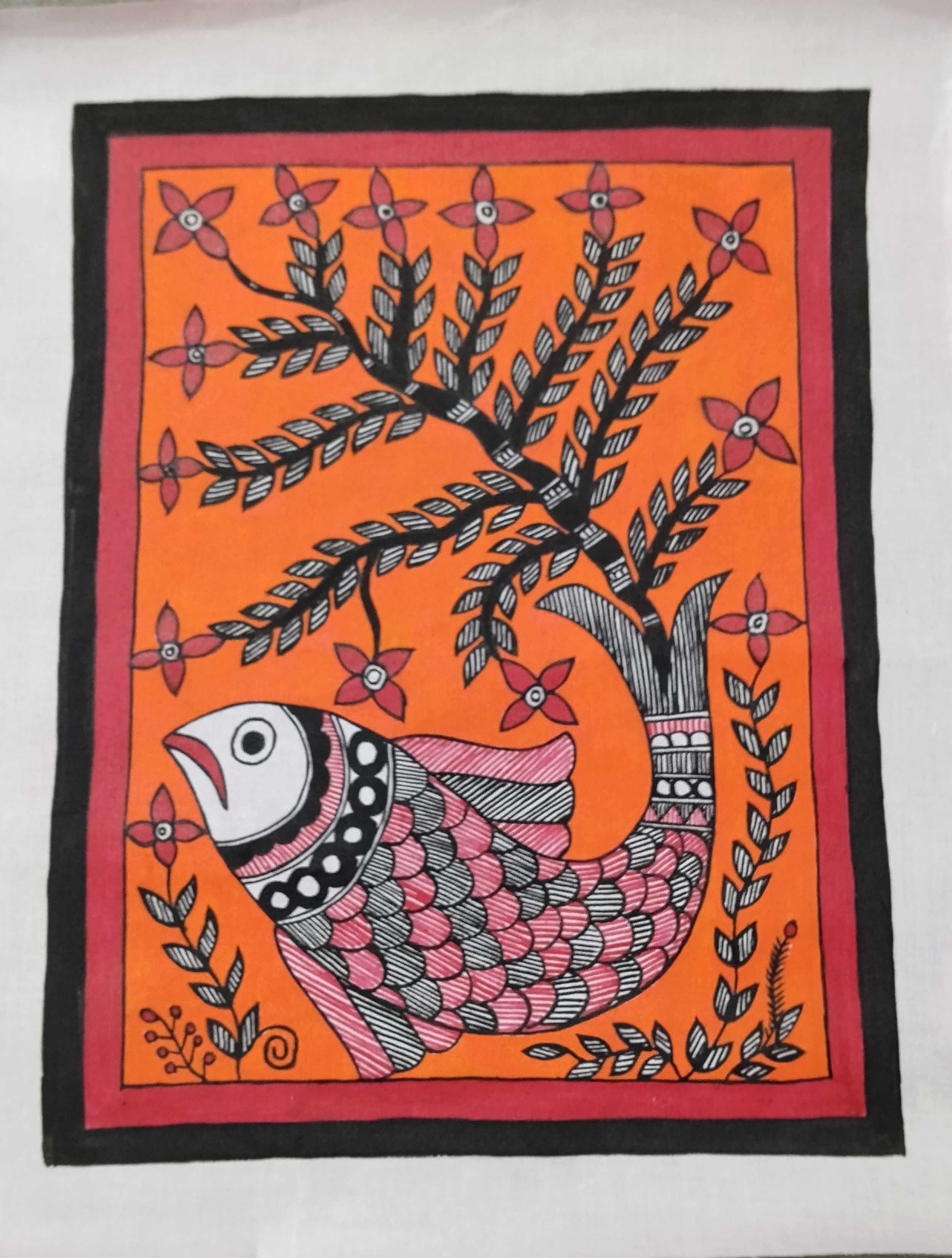 “River of Life: Fish Beneath the Sacred Tree in Madhubani Art”