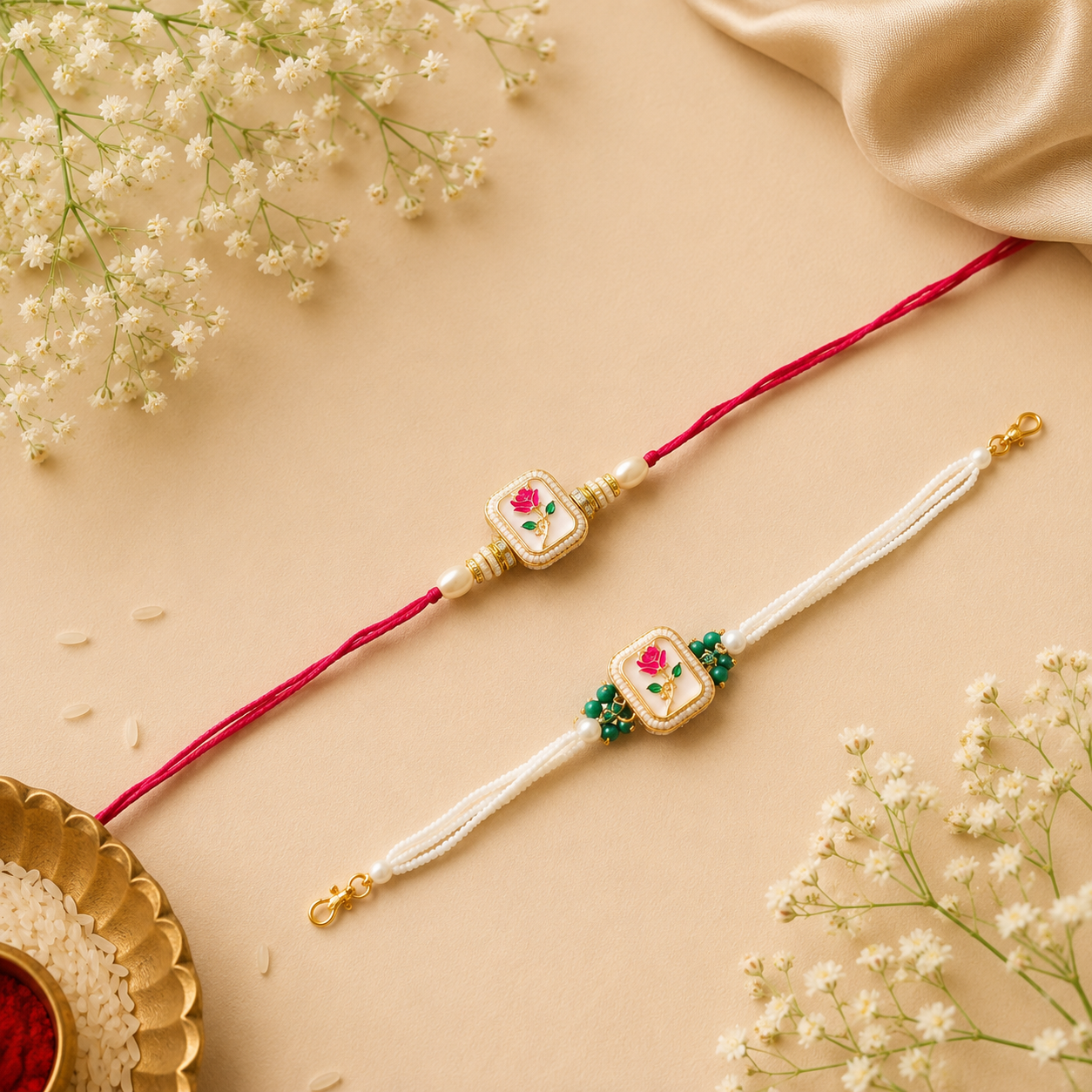 Flower Kundan Rakhi combo