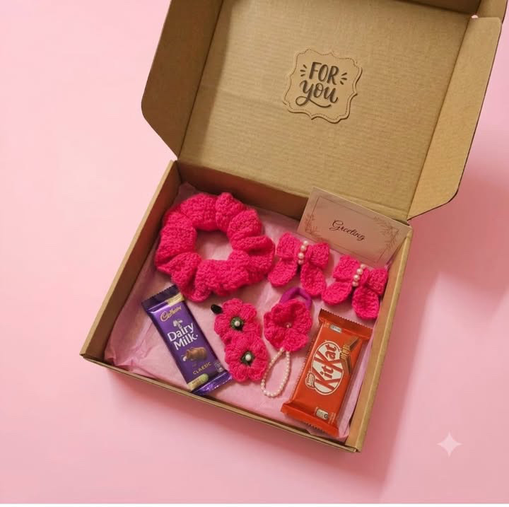 For You Handmade Crochet Gift Hamper - Hot Pink Scrunchie, Bow & Flower Clips Set with Chocolates - Birthday Gift Box for Her, Sister, Best Friend