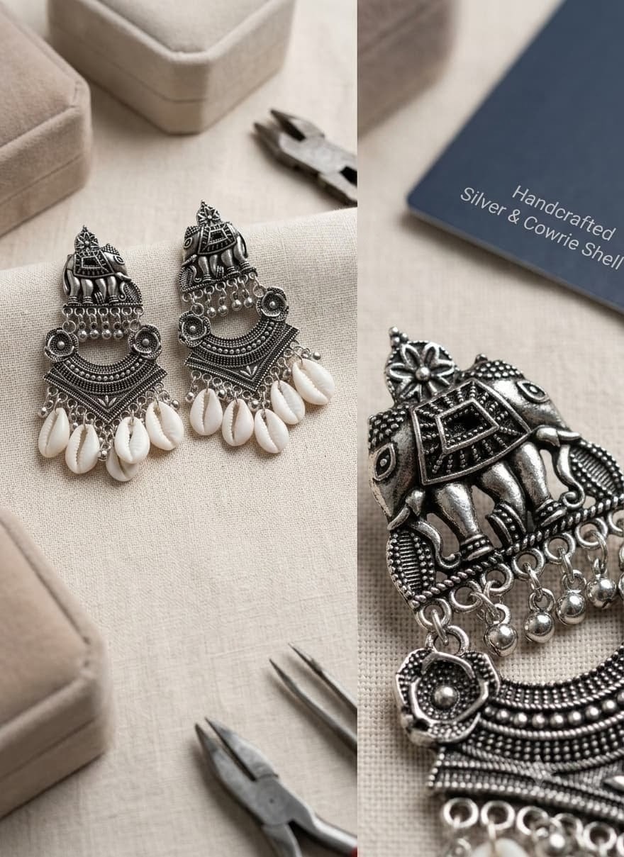 Gajraj Heritage Oxidised Chandbali Earrings with Cowrie Shells | Tribal Jhumka Statement Jewellery