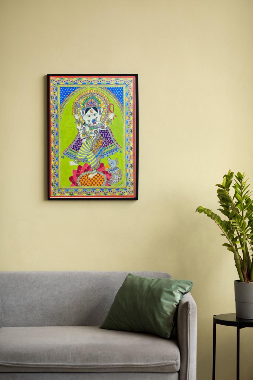 Ganesha dancing Madhubani Painting, Ganpati Bappa, Indian Folk Art, Mithila art