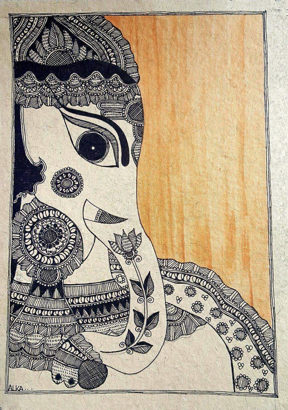Ganesha Madhubani Painting, Ethnic Indian Mithila Art