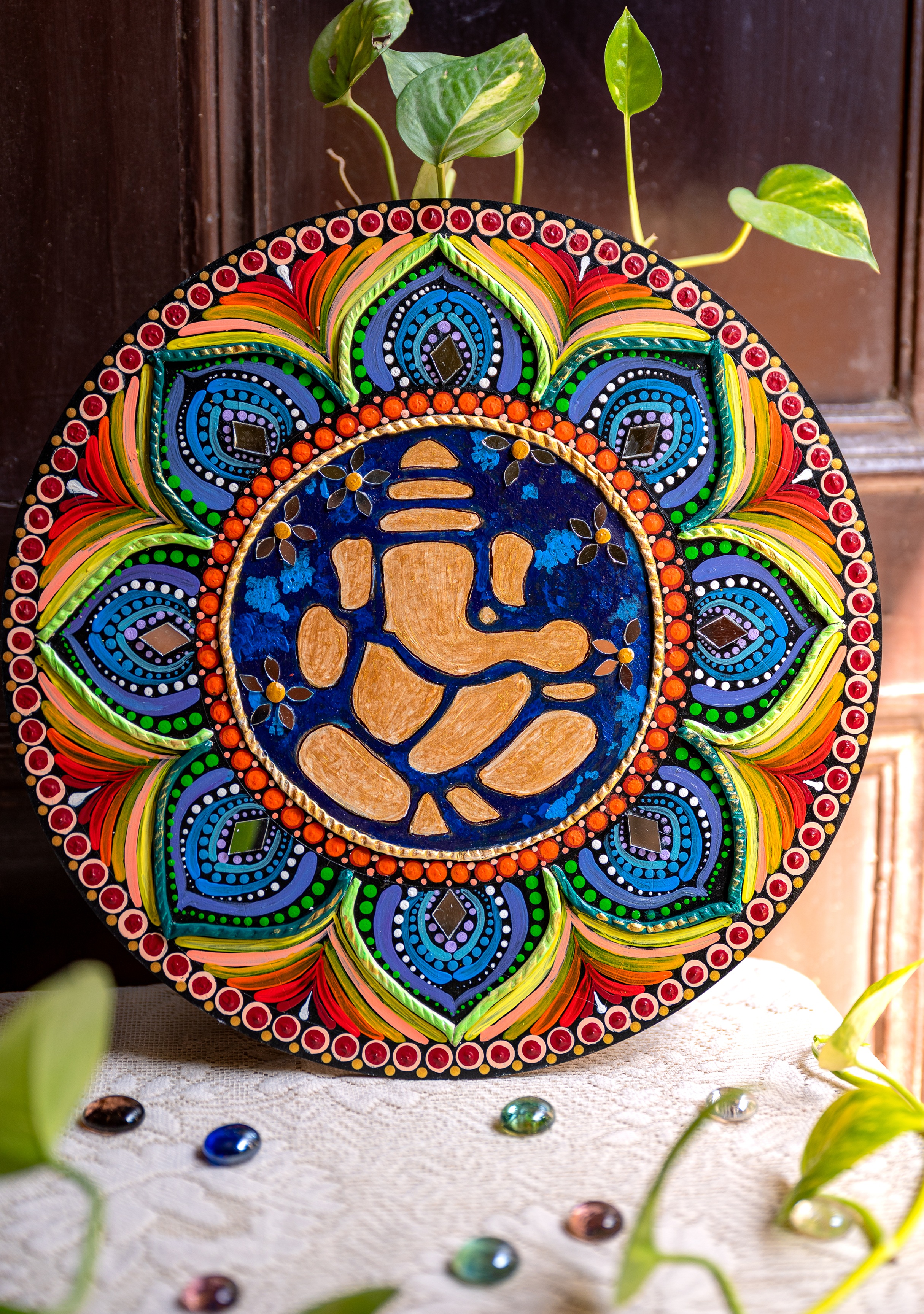 Ganpati Indradhanush Mandala Wall Hanging + 2 Free Tealight Candles