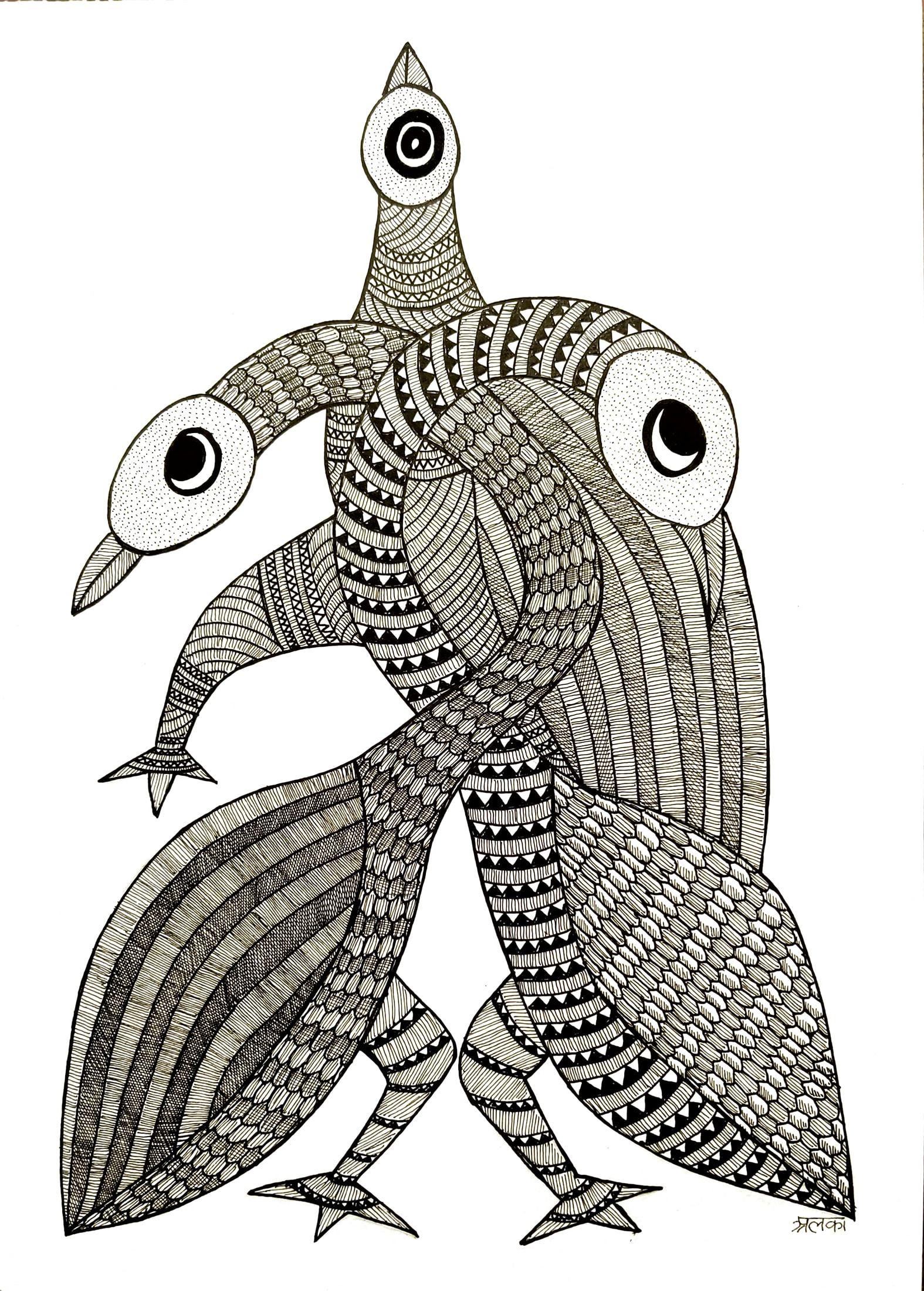 Gond Bird Painting, Minimalist Indian Folk Art on Handmade Paper