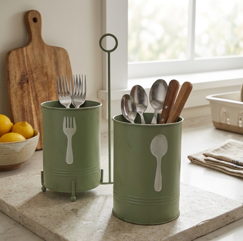 Green Dual Metal Cutlery Caddy with Ring Handle