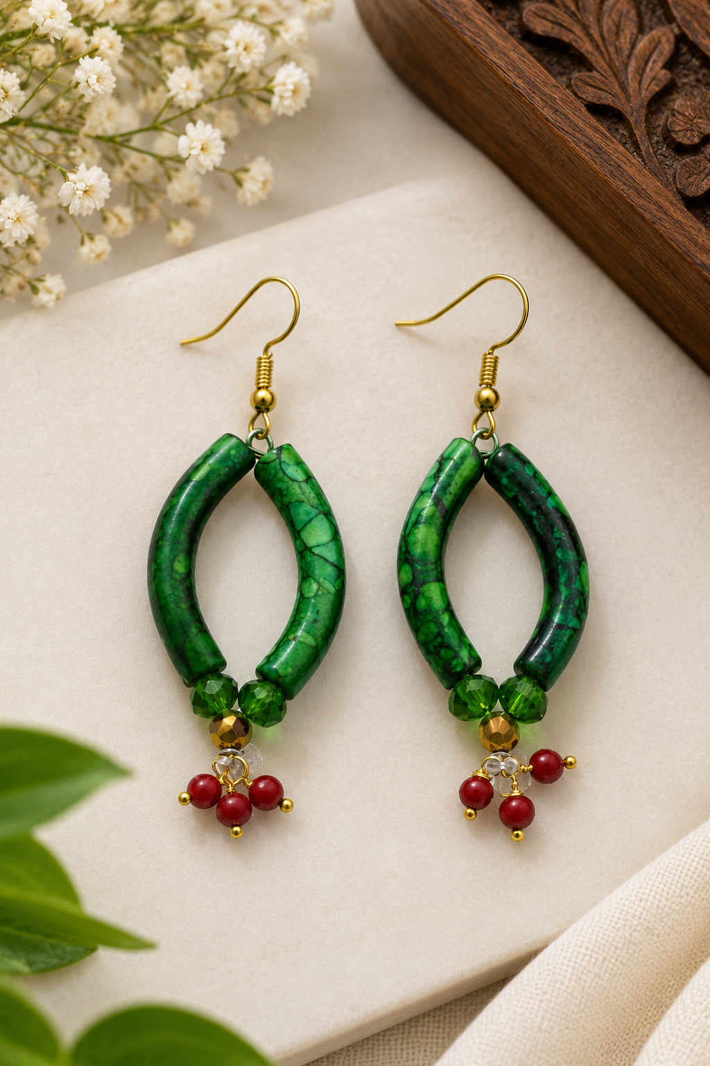 Green Marble Tube beaded earrings