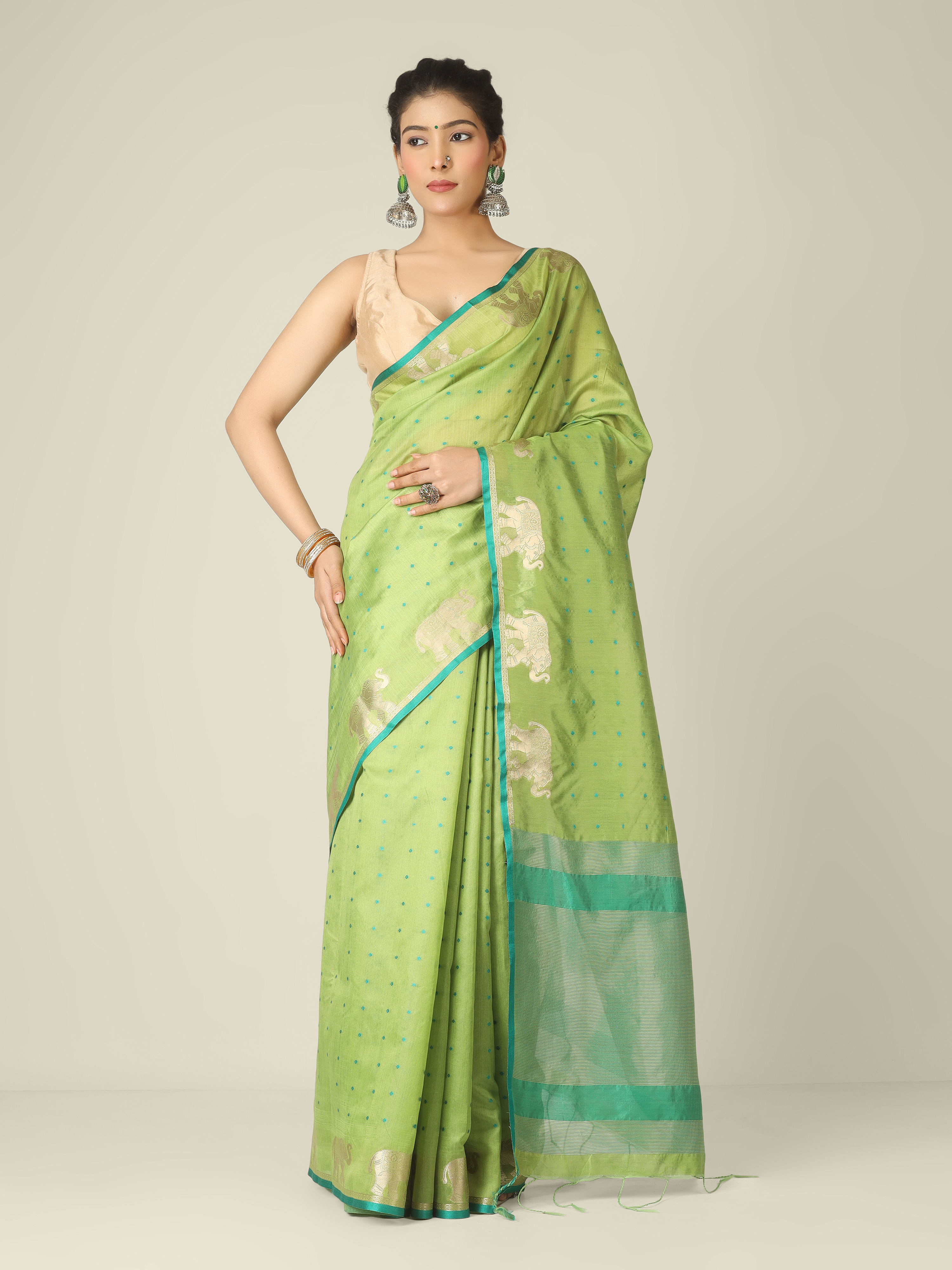 Green Tussar Elephant border zari saree