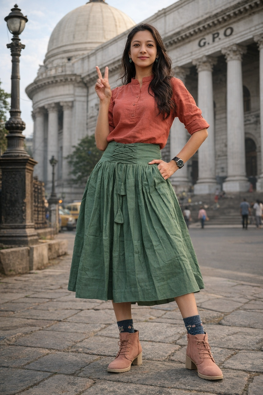 GREENVILLIE - Olive Green Cotton Linen Vintage theme Symmetric flared hem Skirt.