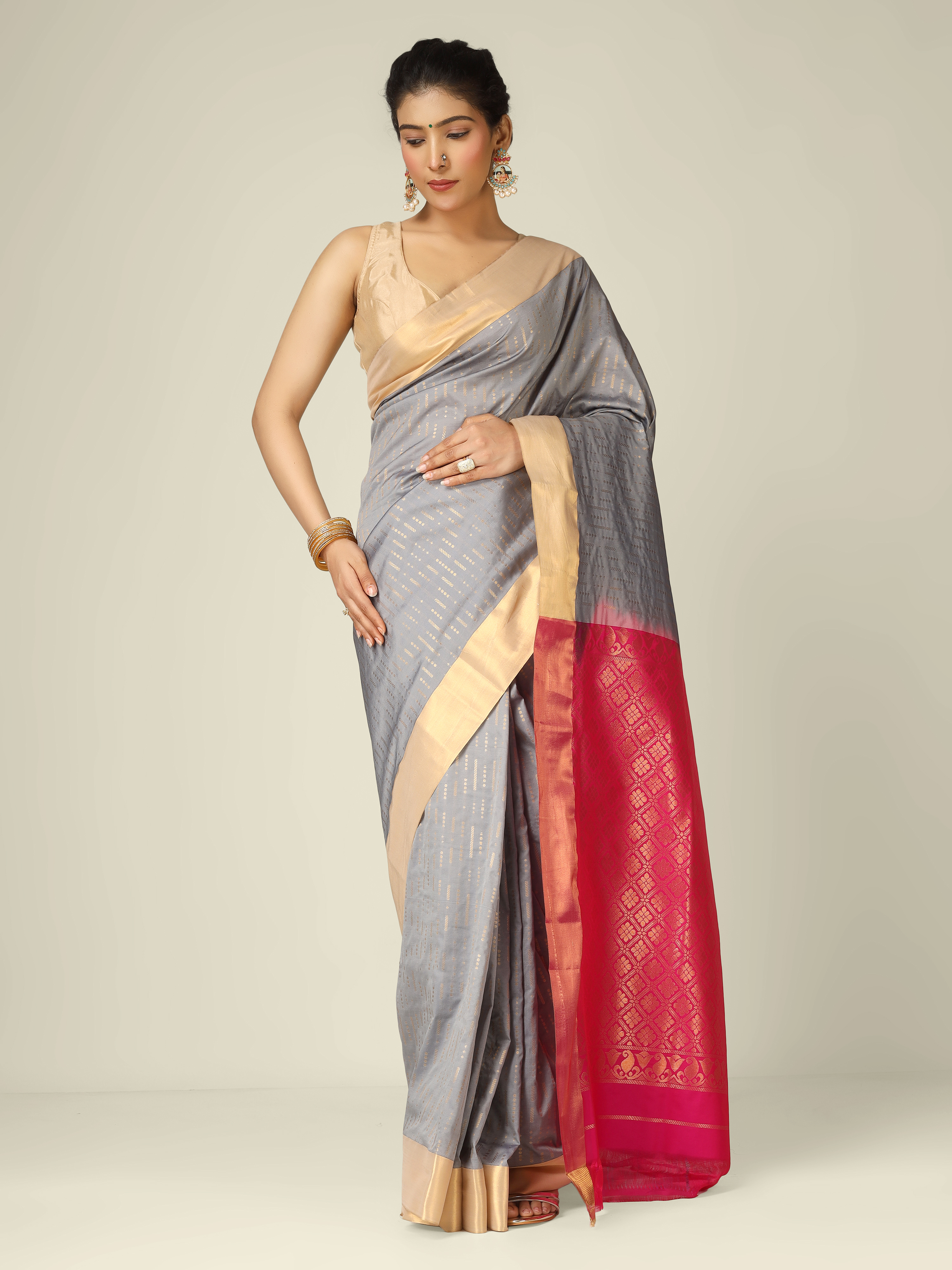 Grey and pink Resham silk sarees