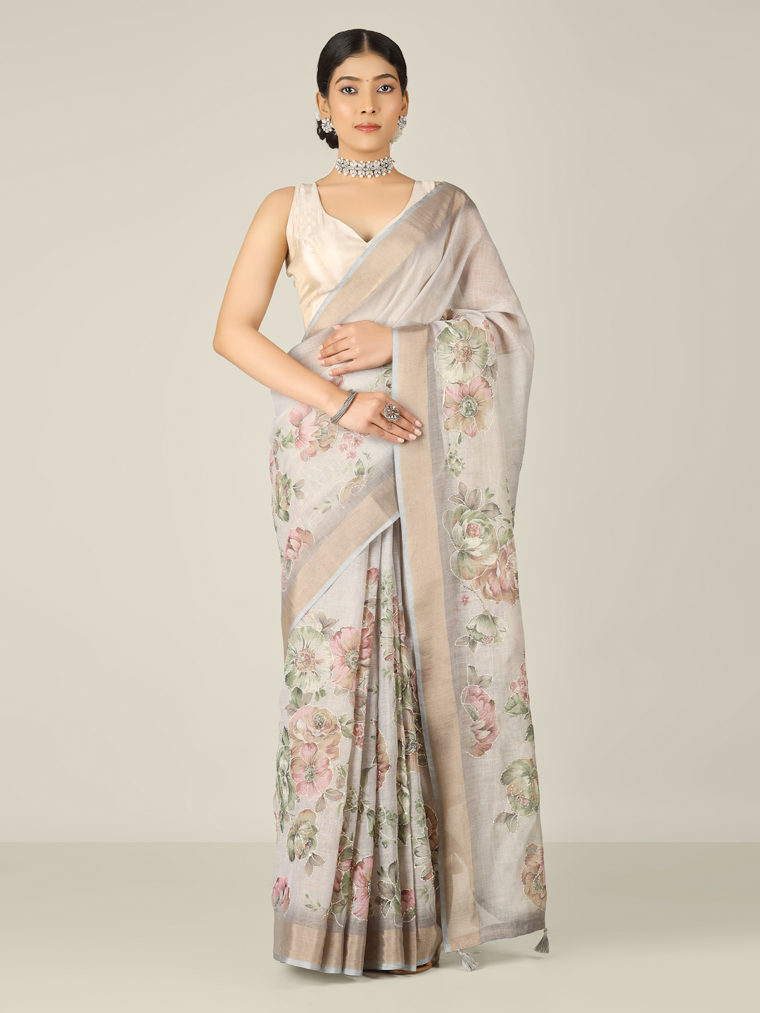 Grey Linen Tissue kanta work saree