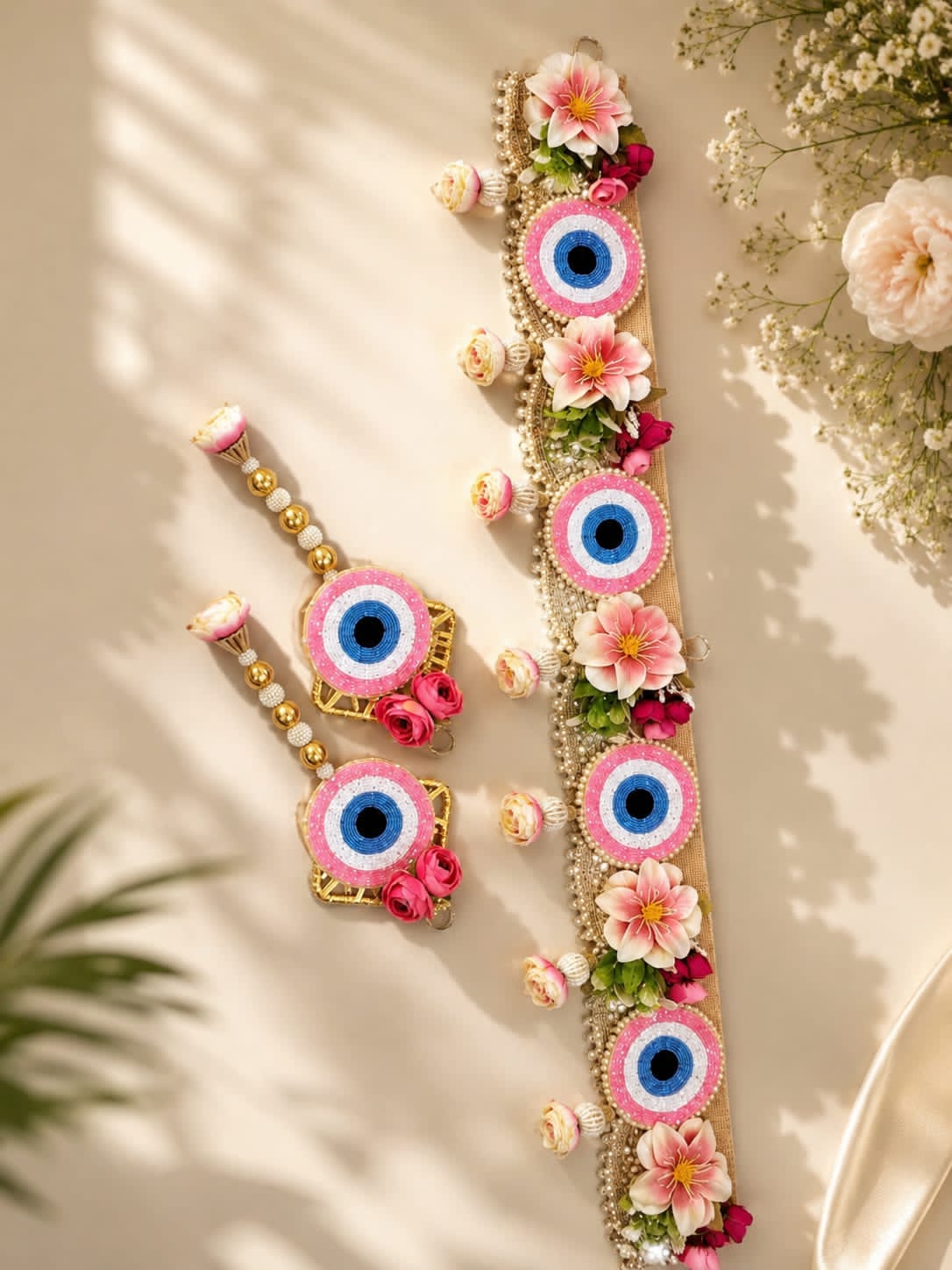 Gulab Nazar Floral Bandhanwar – Pink & Gold Evil Eye Door Toran Set