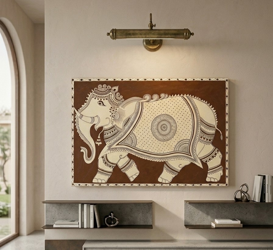 Haind-Painted Kalamkari Indian Elephant Canvas Wall Art Painting made with Tesu Phool (Flower)