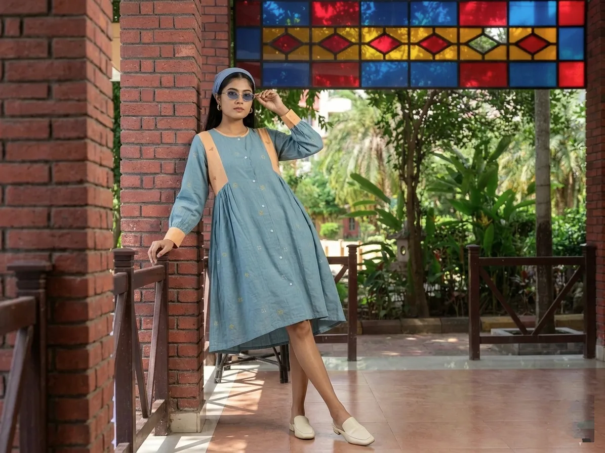HALO - Handwoven Mul Cotton Orange and Grey Jamdani Cotton A-line midi dress.