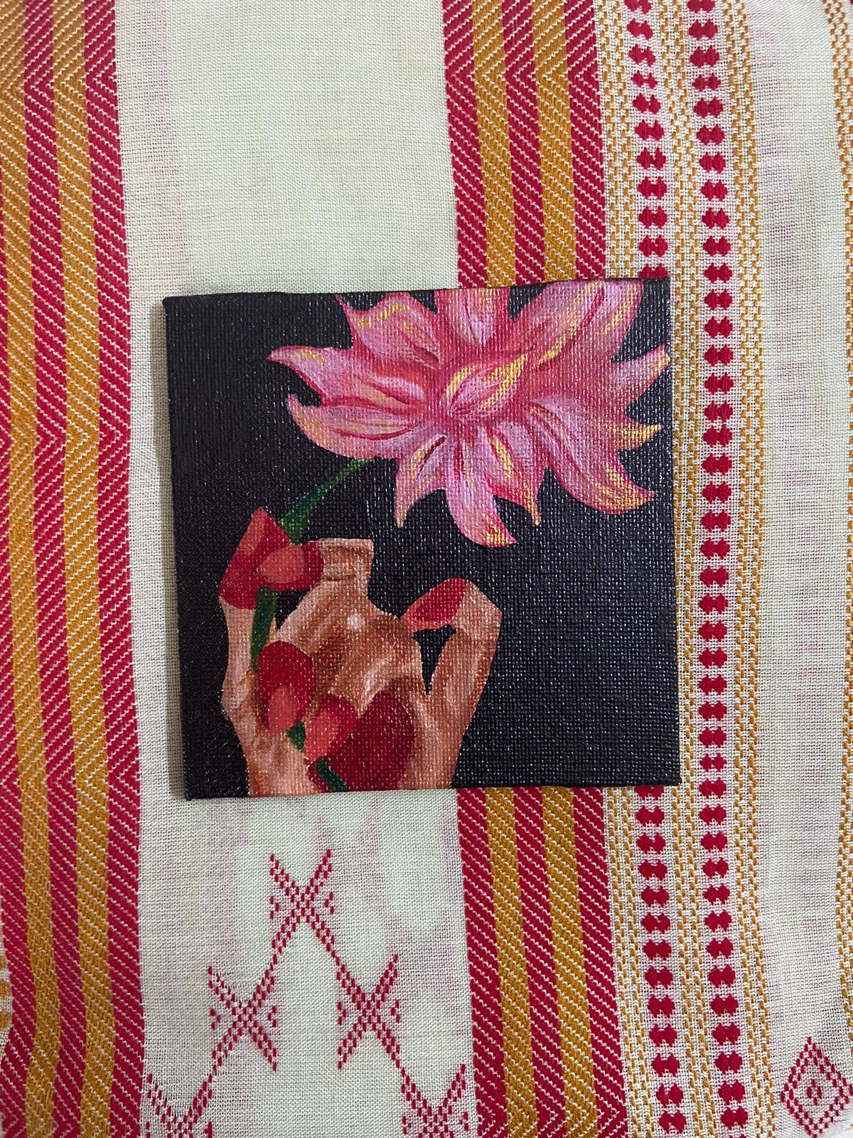Hand Holding Lotus Painting 4x4 | Acrylic Canvas Art