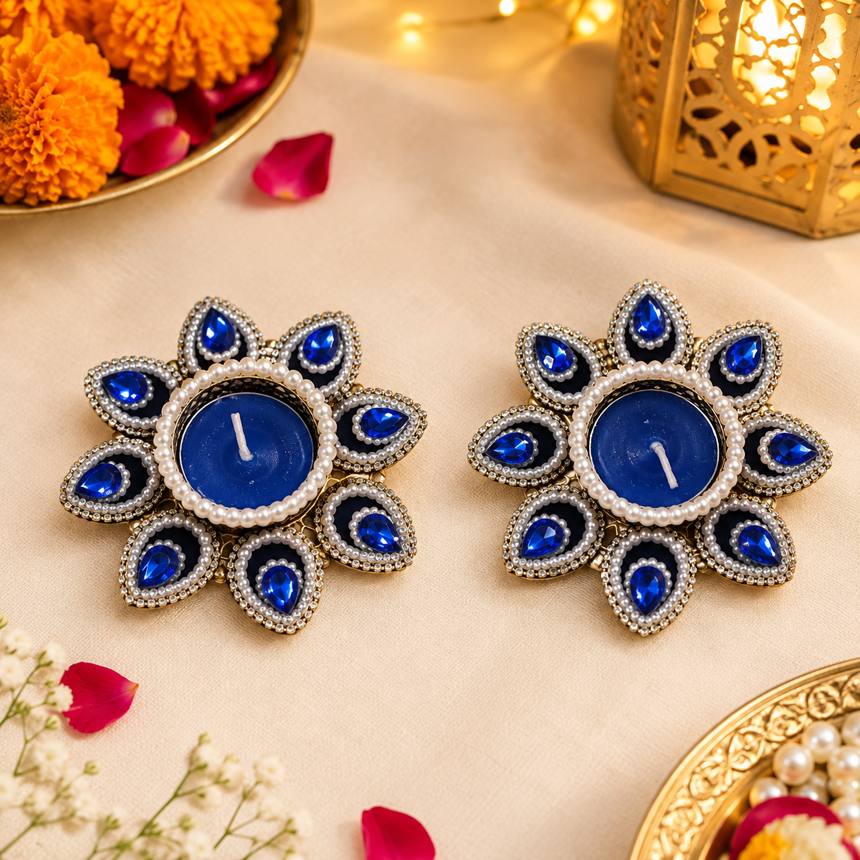 Handcrafted Blue Pearl & Stone Tealight Candle Holder Set of 2 including wax candle
