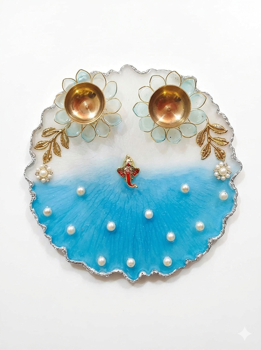Handcrafted Blue Resin Ganesha Puja Thali with Brass Diyas and Lace Border