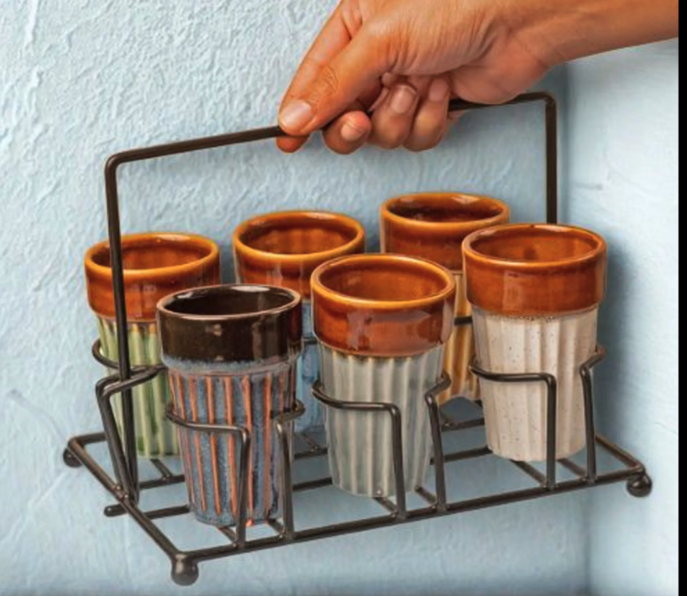 Handcrafted Ceramic Kulhad Set with Metal Stand | Traditional Indian Tea Cups Set Online India