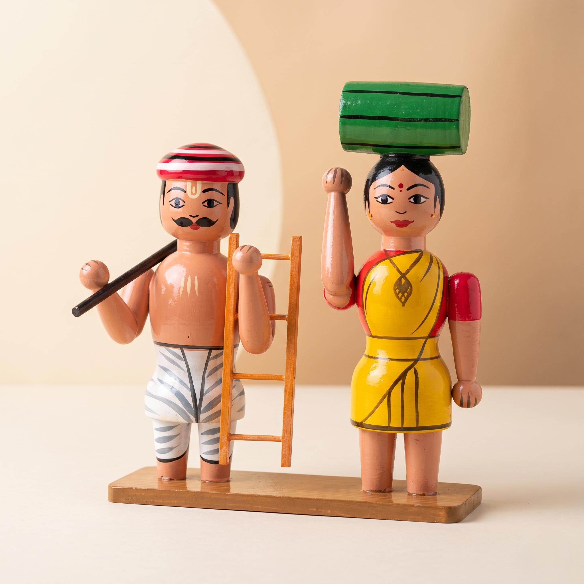 Handcrafted Channapatna Wooden Farmer Couple Doll Showpiece (L16 x W5 x H19 cm) – Traditional Indian Village Ningappa & Ningamma Decorative Figurine Set for Home Decor & Gifting