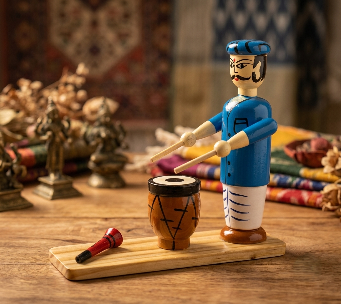 Handcrafted Channapatna Wooden Musician Doll with Drum | Traditional Folk Musician Showpiece & Indian Handicrafts Decor