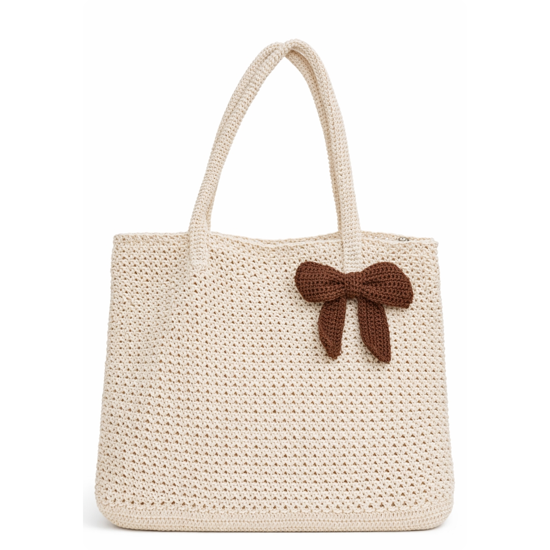 Handcrafted Cream Crochet Shoulder Tote Bag with Brown Bow Accent