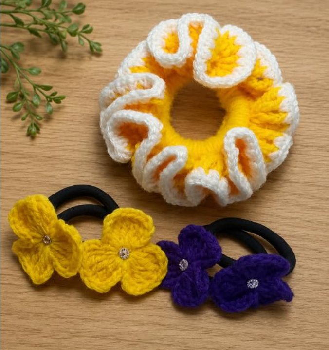Handcrafted Crochet Hair Scrunchie Combo Yellow and Blue, 5 Pcs