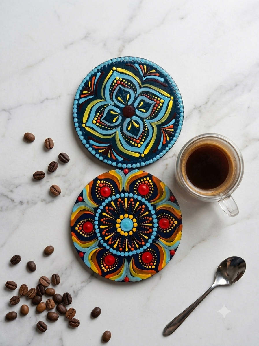 Pack of two handcrafted dot mandala coasters