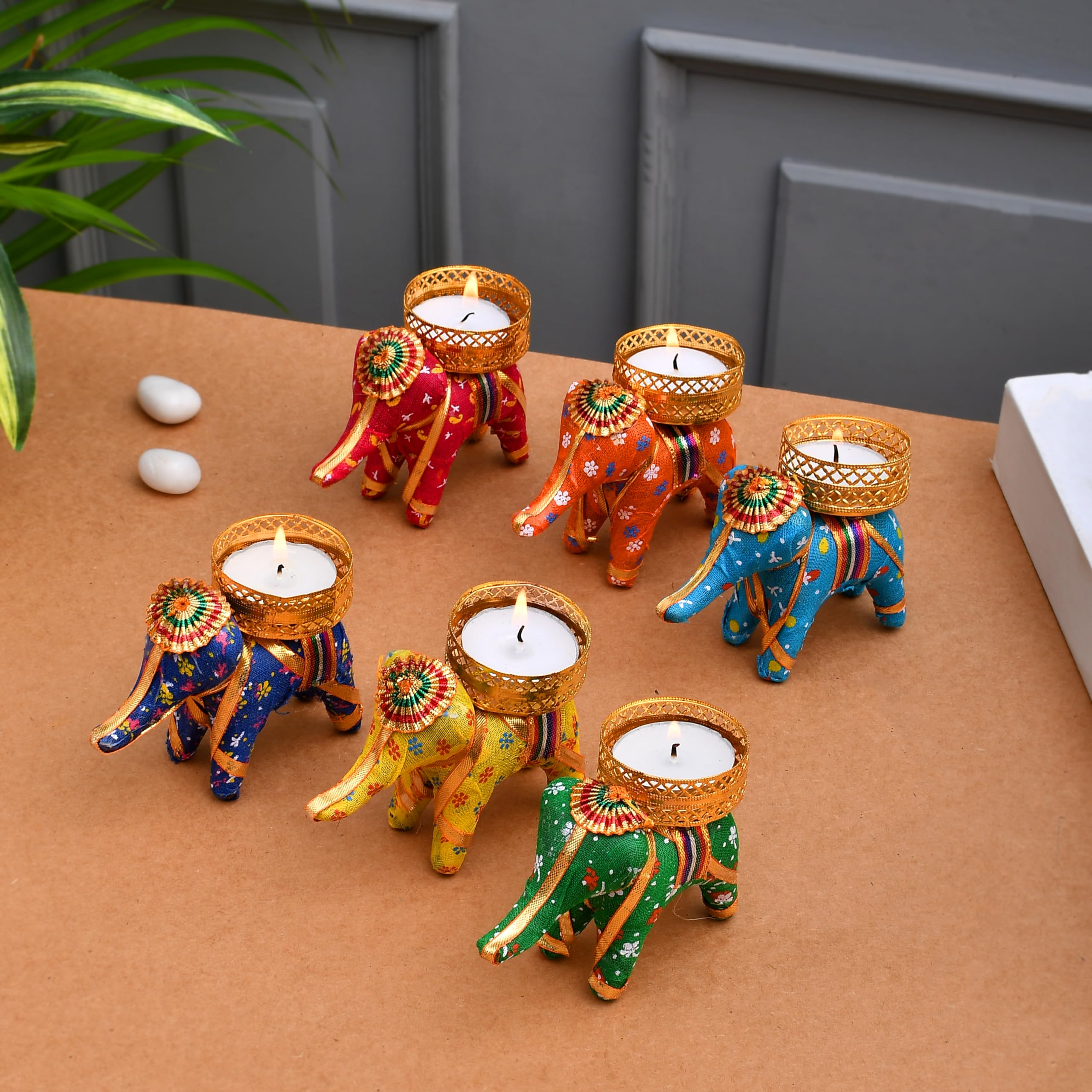 Handcrafted Elephant Tea Light Candle Holder Set of 6 (With wax candle)