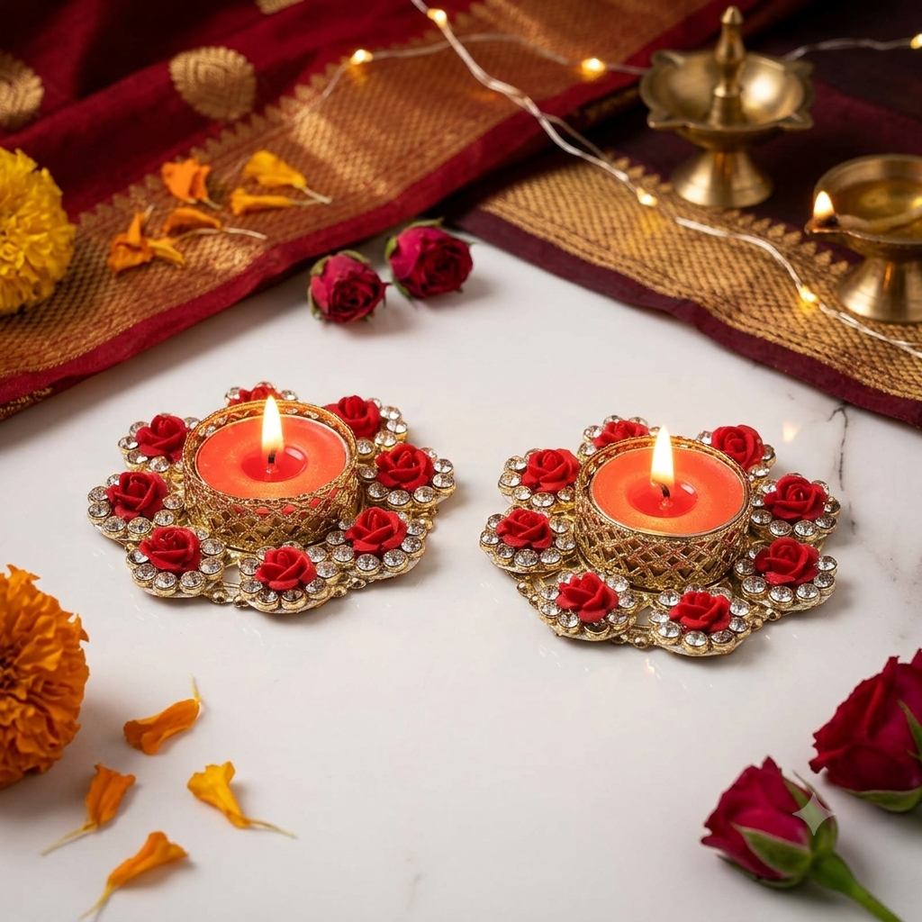 Handcrafted Floral Tealight Candle Holder Set with Red Roses and Crystal Accents || Set of 2 || Including wax candles
