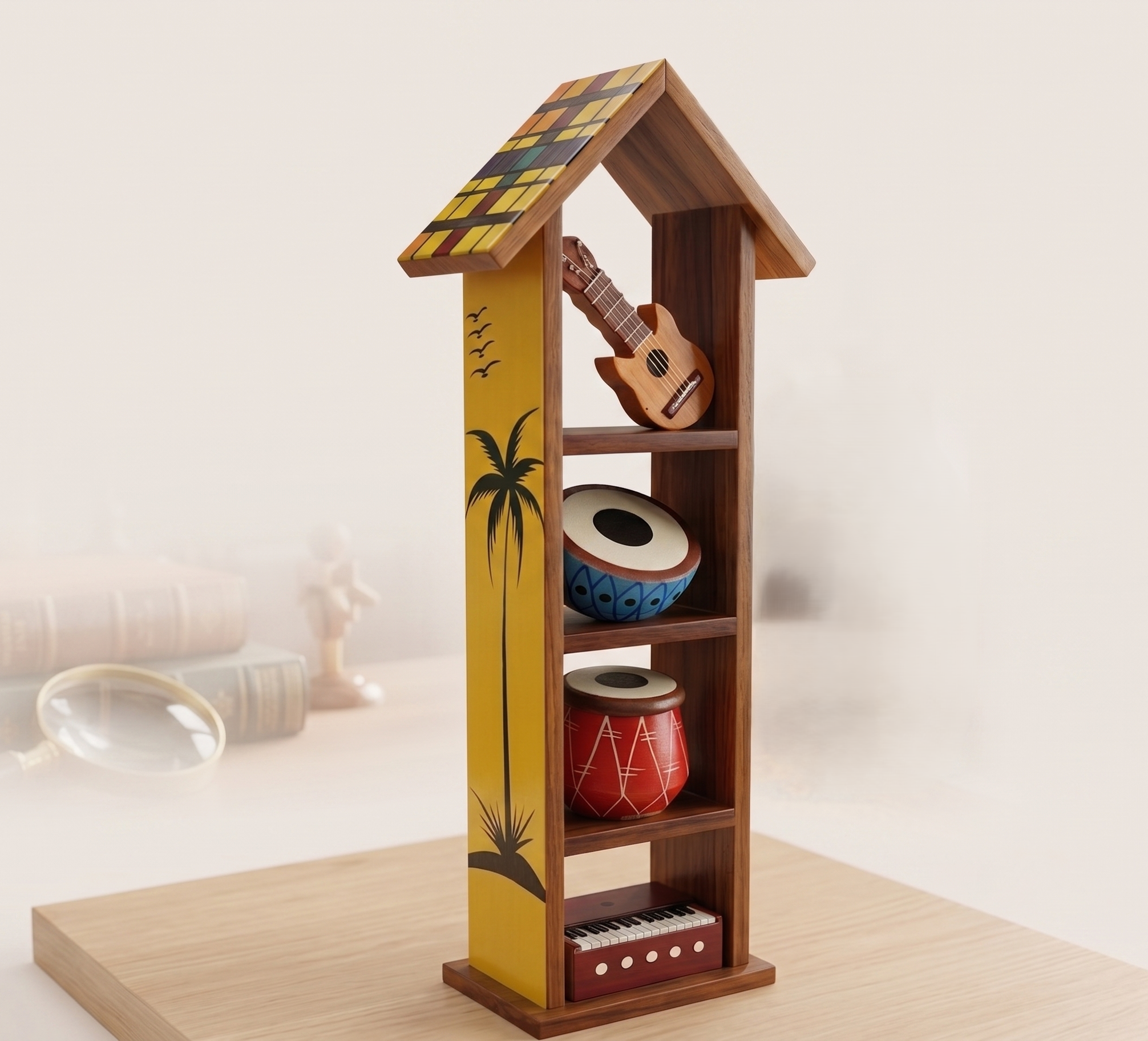 Handcrafted House-Shaped Wooden Display Shelf with Musical Theme