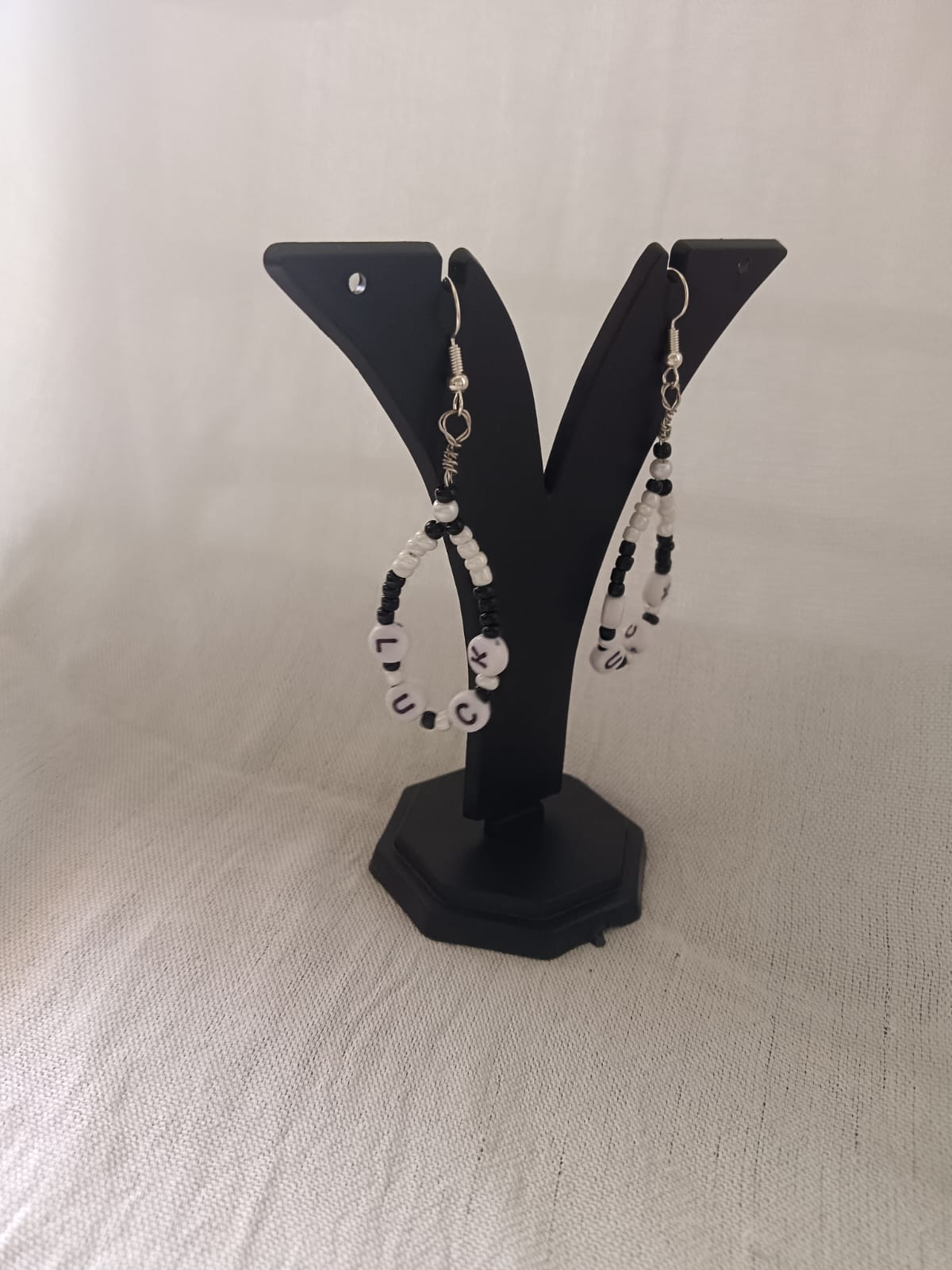 Handcrafted "LUCK" Beaded Teardrop Hoop Earrings – Monochrome Statement Dangles