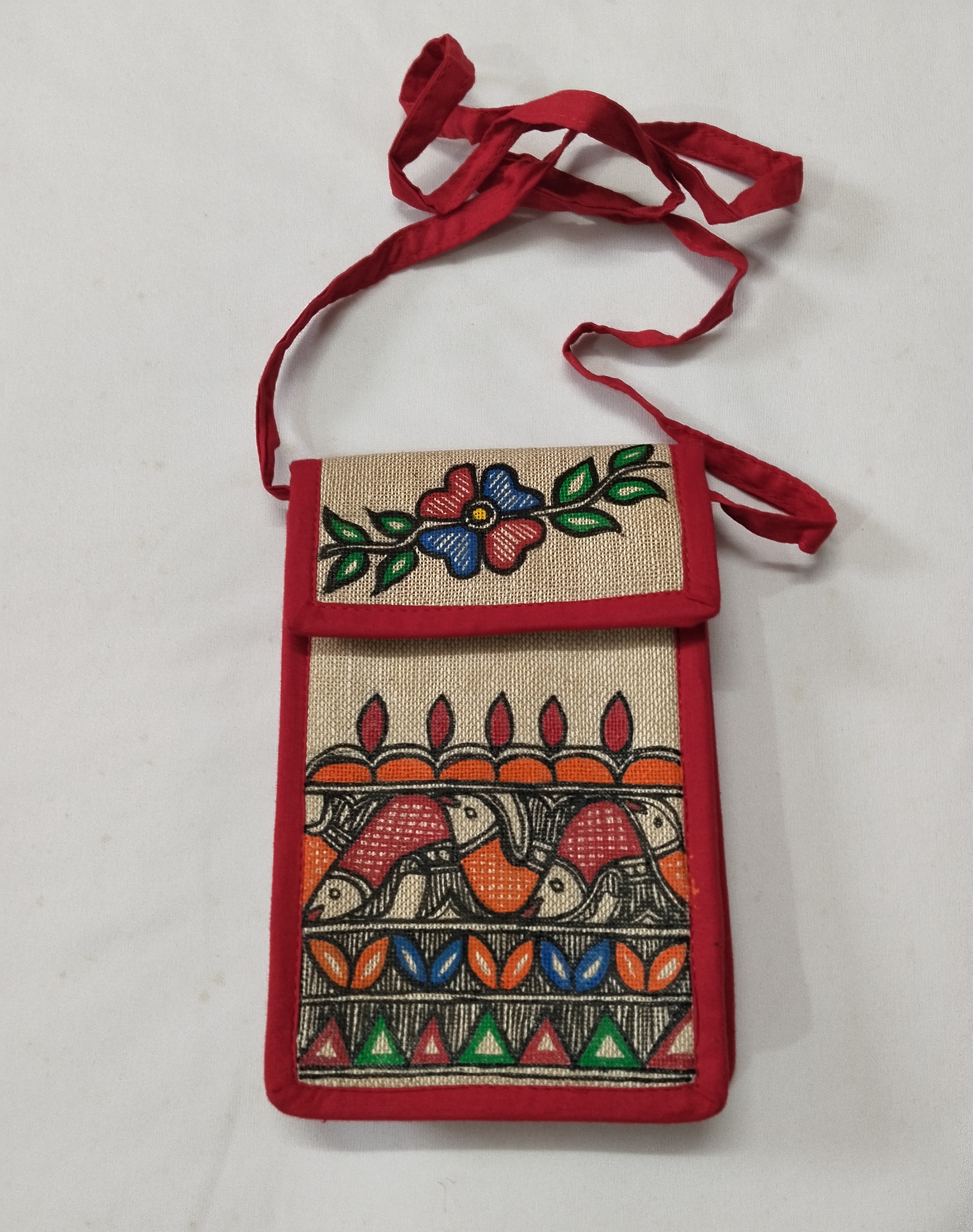 Handcrafted Madhubani Jute Mobile Pouch – Traditional Folk Art, 100% Handmade