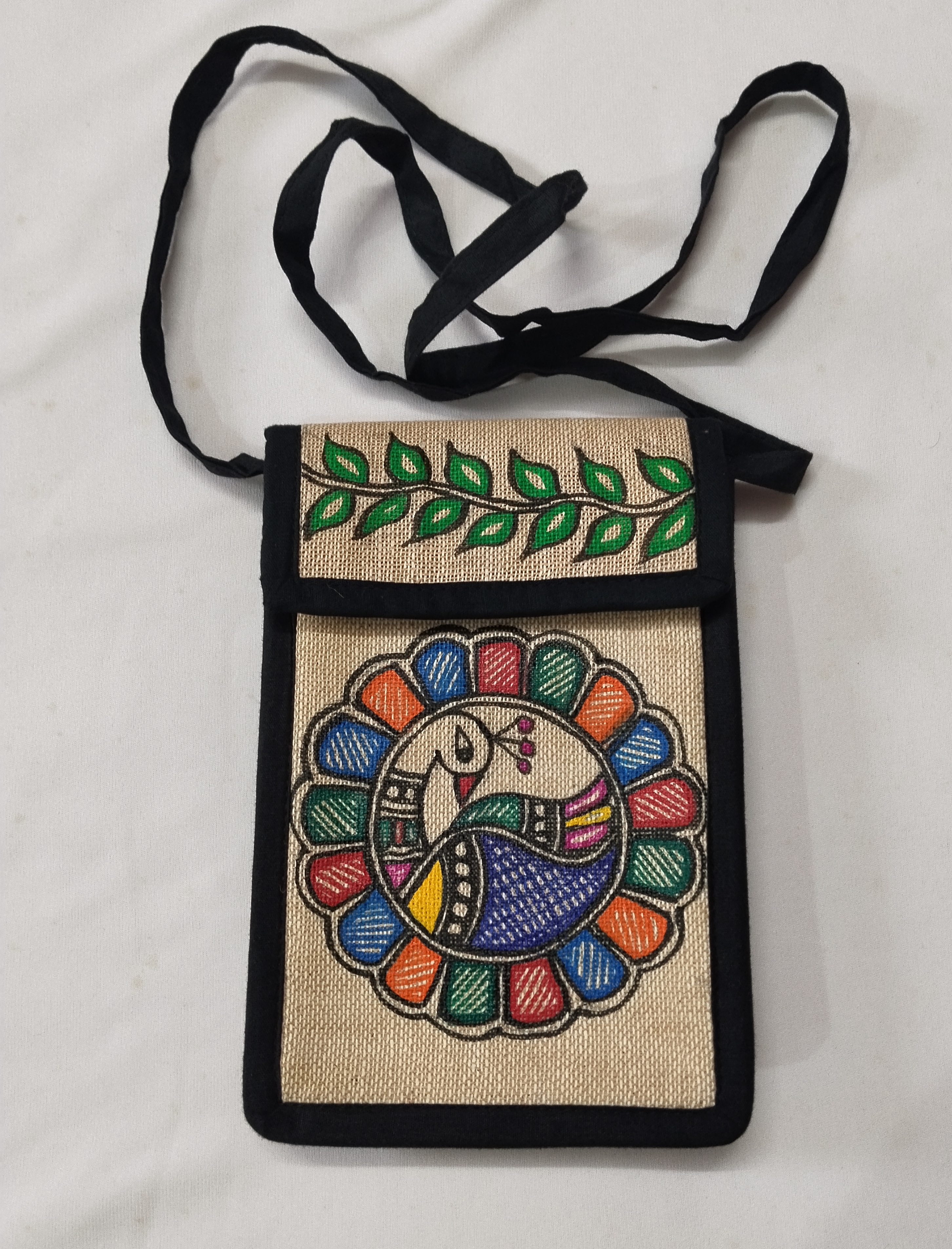 Handcrafted Madhubani Jute Mobile Pouch – Ethnic Artistry on Natural Fabric