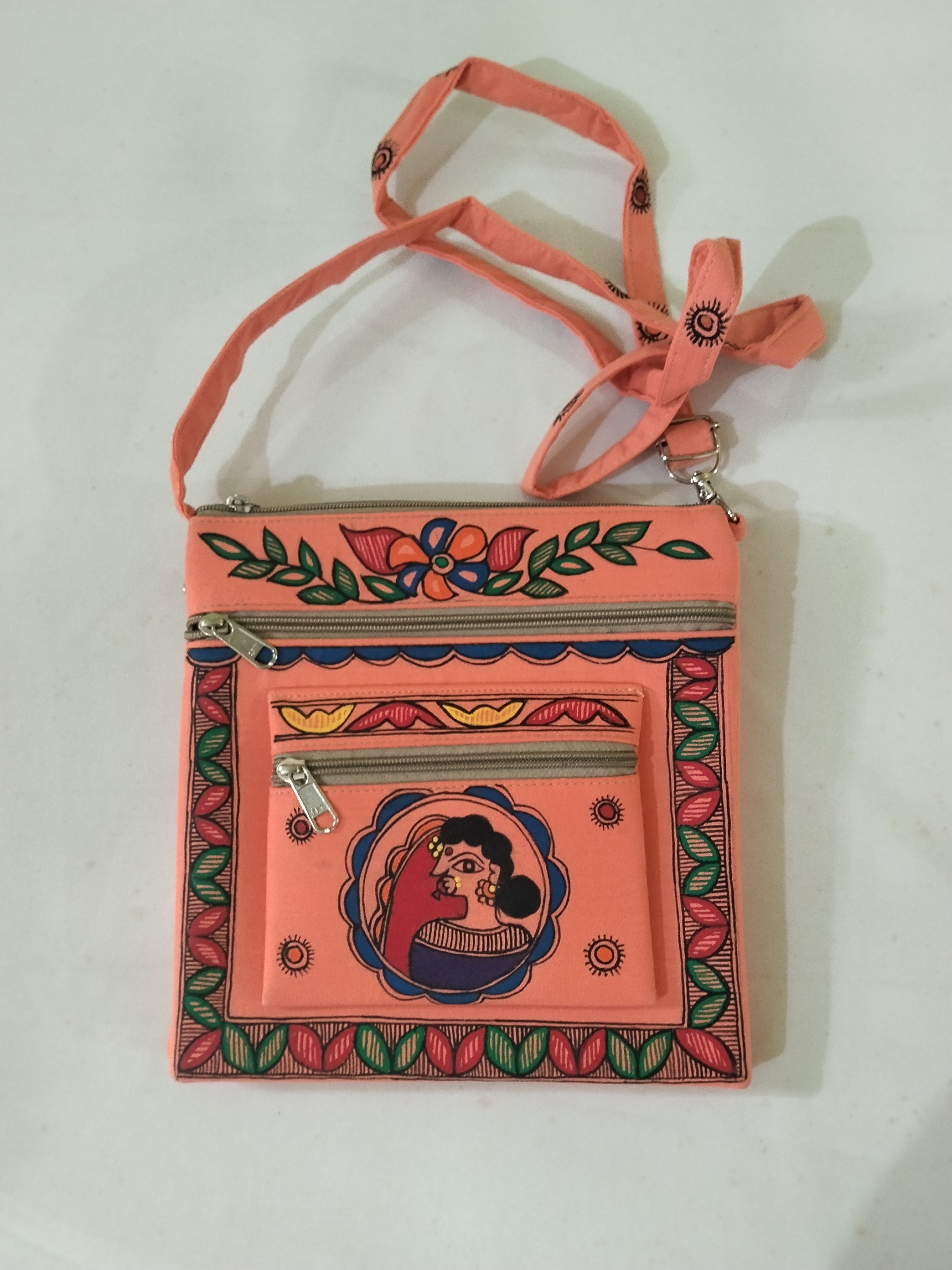 Handcrafted Madhubani Painting on Peach Khadi Cotton Crossbody Bag – Traditional Indian Folk Art Sling Bag