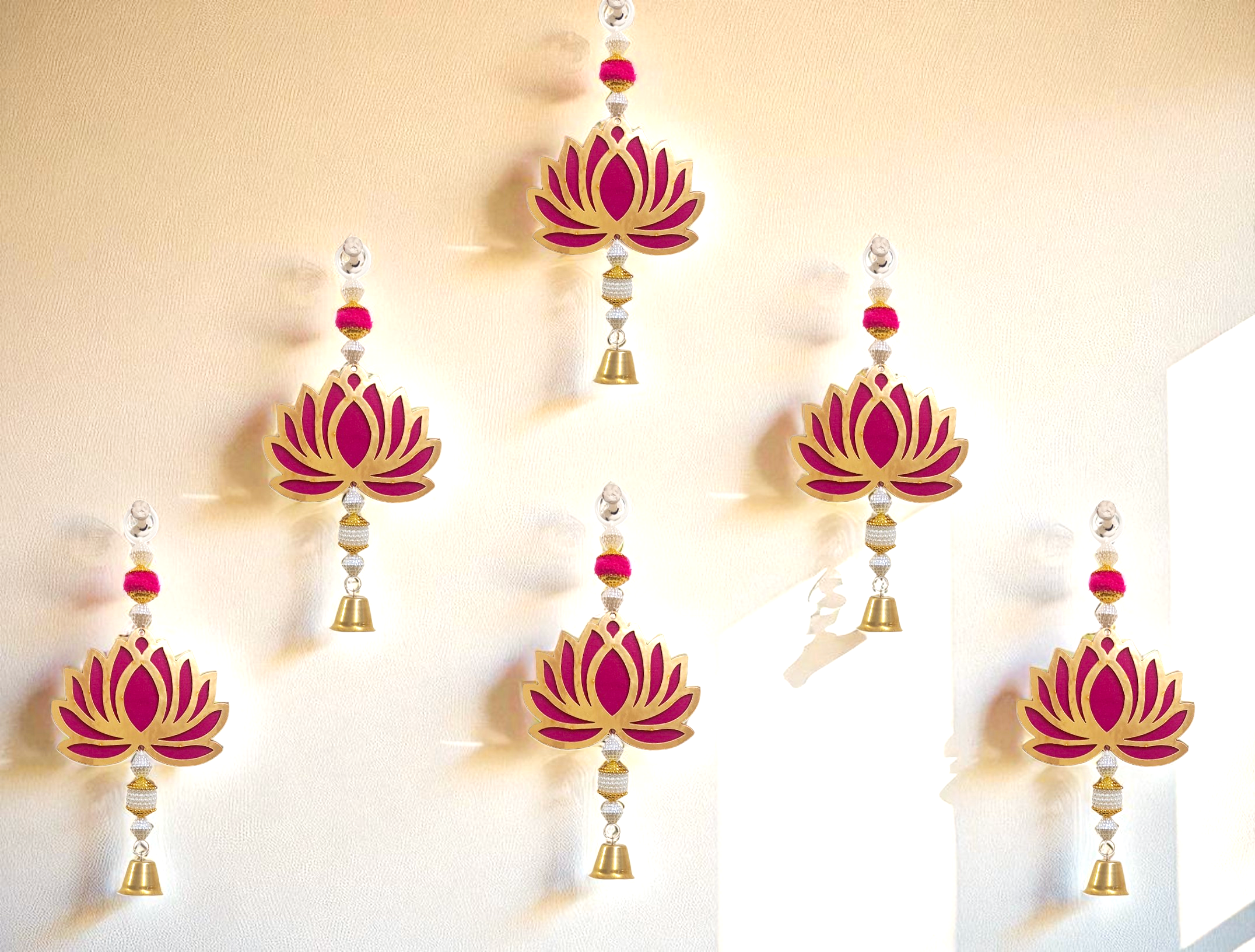 Handcrafted Pink & Gold Lotus Wall Hangings with Bell Accents – Set of 6 (Festive Backdrop Decor)