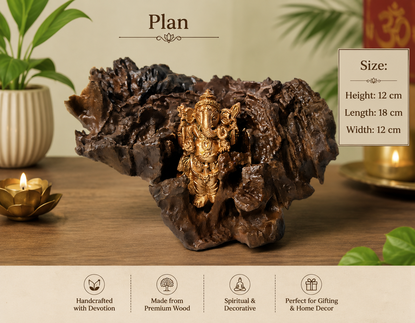 Handcrafted Wooden Ganesha Decorative Cum Devotional Showpiece | Golden Painted Clay Ganesha | Rustic Handmade Home Décor