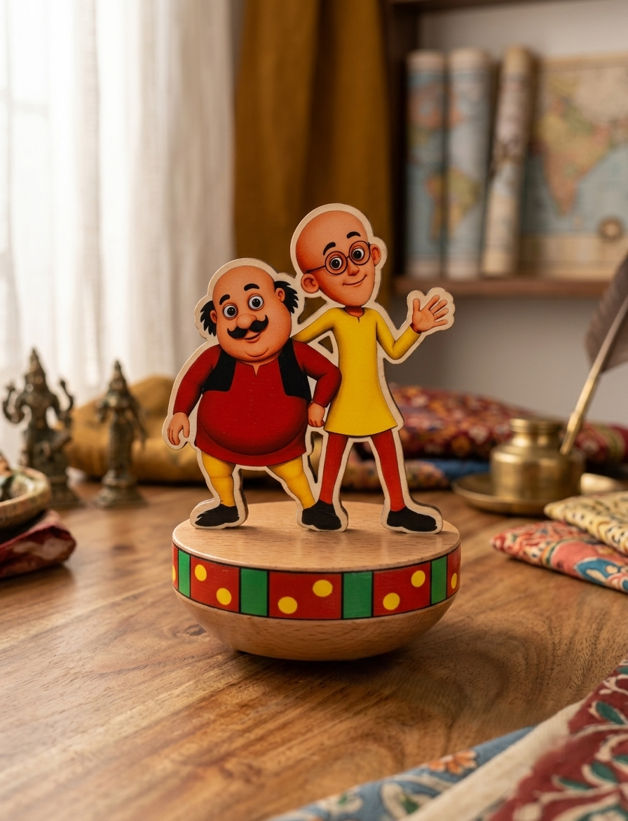 Handcrafted Wooden Motu Patlu Roly Poly Wobble Toy | Eco-Friendly Self-Balancing Tumbler Toy for Kids & Home Decor