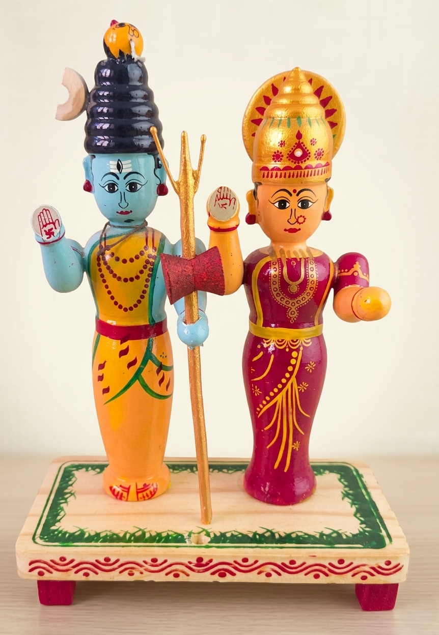 Handcrafted Wooden Shiva Parvati Idol Set – Traditional Kondapalli / Channapatna Style Lord Shiva & Goddess Parvati Joint Golu Dolls on Wooden Base (24 cm Height)