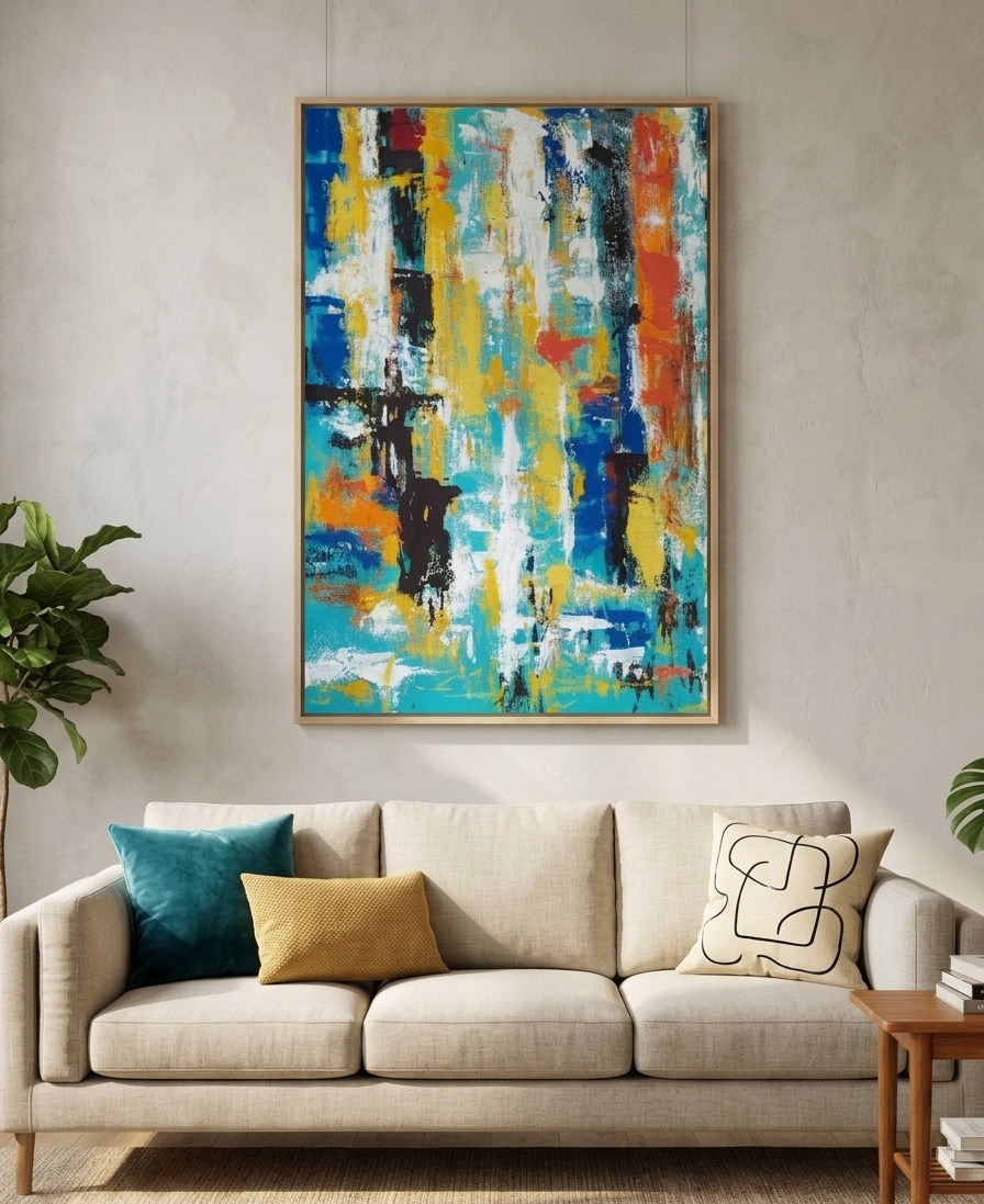HANDMADE Abstract Art Canvas Painting, Vibrant Multicolour Canvas Painting for Living Room, Office 60 X 90 cm (24X36 inches) fade-resistant acrylic colors, wooden frame