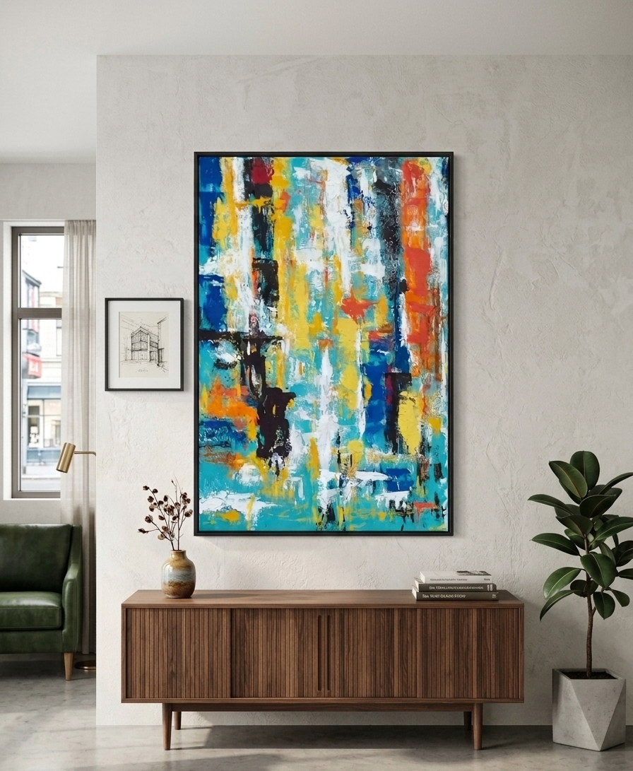 HANDMADE Abstract Art Canvas Painting, Vibrant Multicolour Canvas Painting for Living Room, Office 60 X 90 cm (24X36 inches) fade-resistant acrylic colors, wooden frame