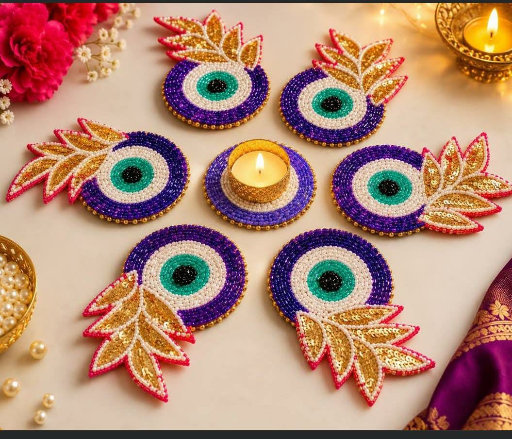 Handmade Beaded Decorative Diya & Tea Light Holder Set | Peacock Eye Design | Festive Home Décor