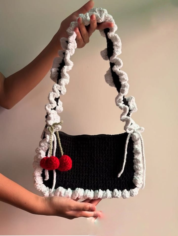 Handmade Black Crochet Cherry Shoulder Bag with Ruffle Border