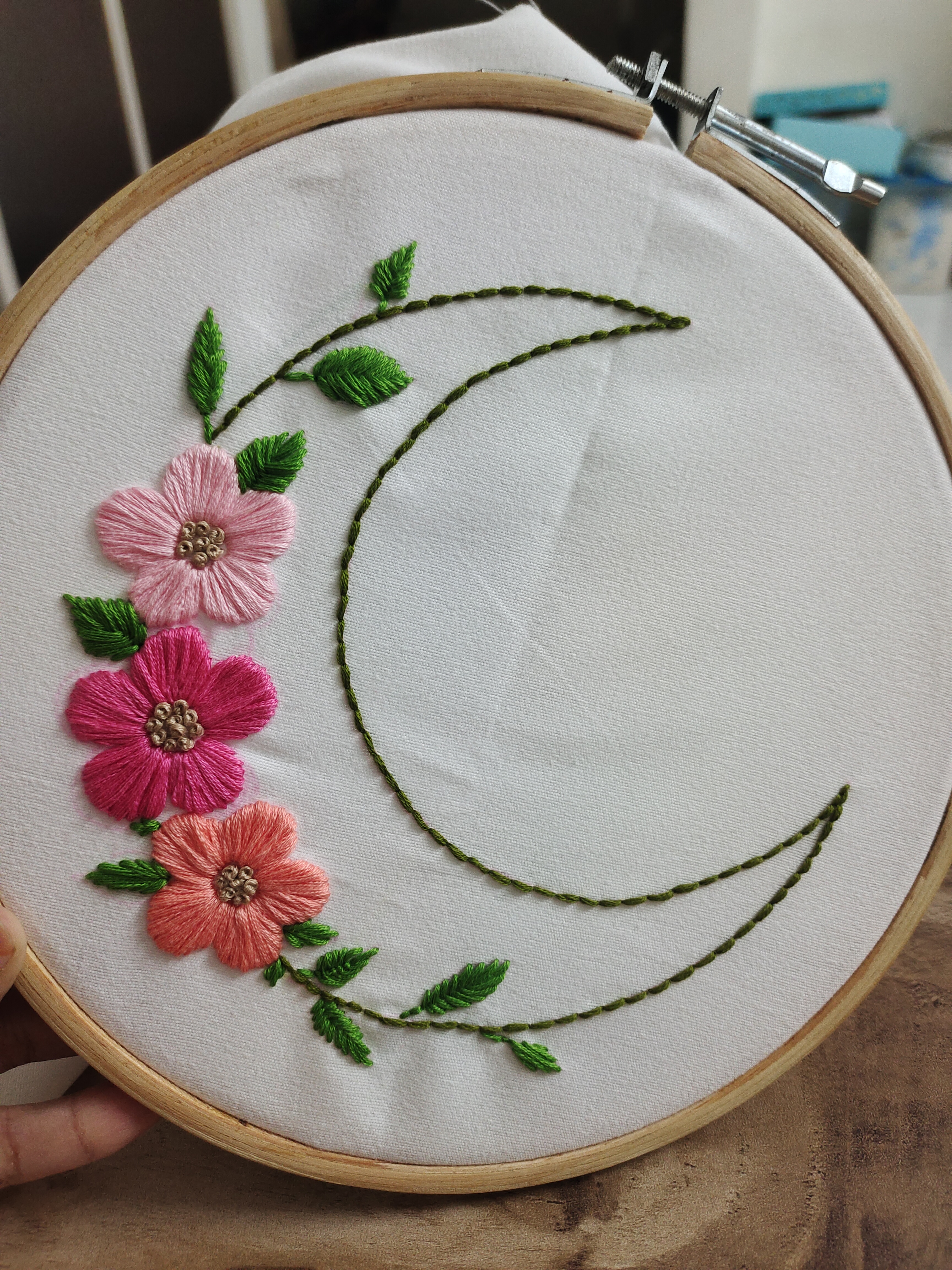 Handmade Crescent Moon Floral Embroidery | Celestial Hoop Art | Hand-Stitched Flower Decor