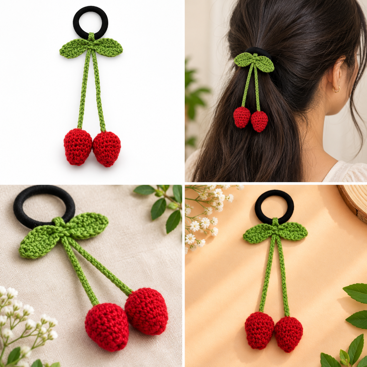 Handmade Crochet Cherry Hair Tie | Cute Cherry Ponytail Holder with Leaf Design | Handmade Crochet Hair Accessory for Girls & Women