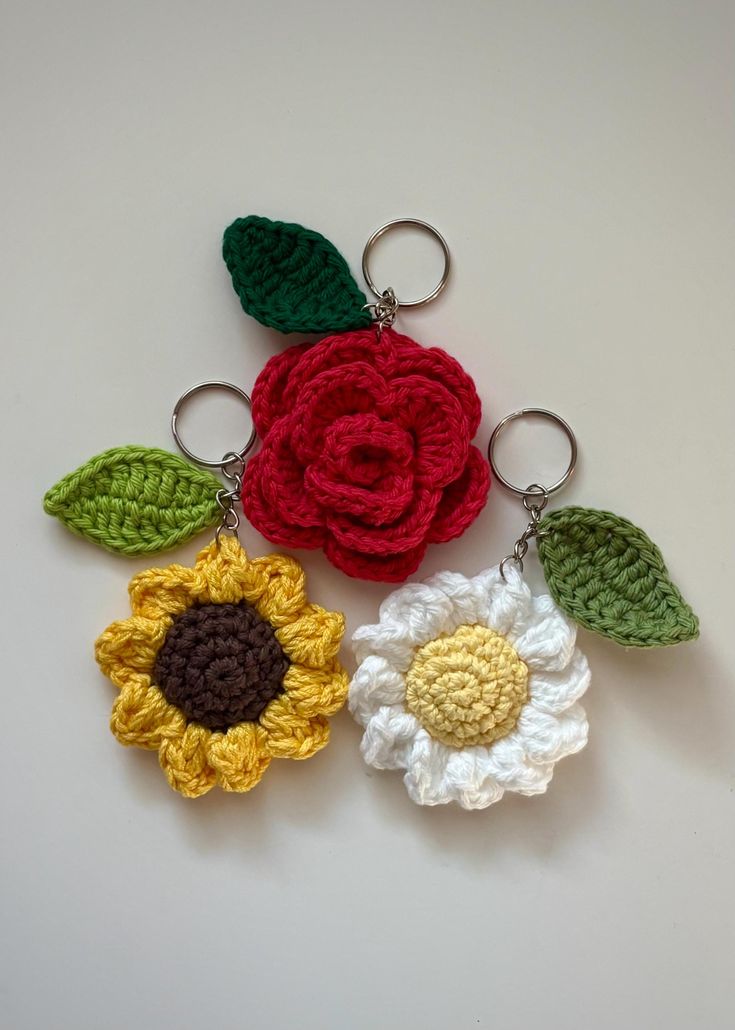 Handmade Crochet Floral Keychains (Sunflower, Red Rose, White Daisy) / Bag Charms
